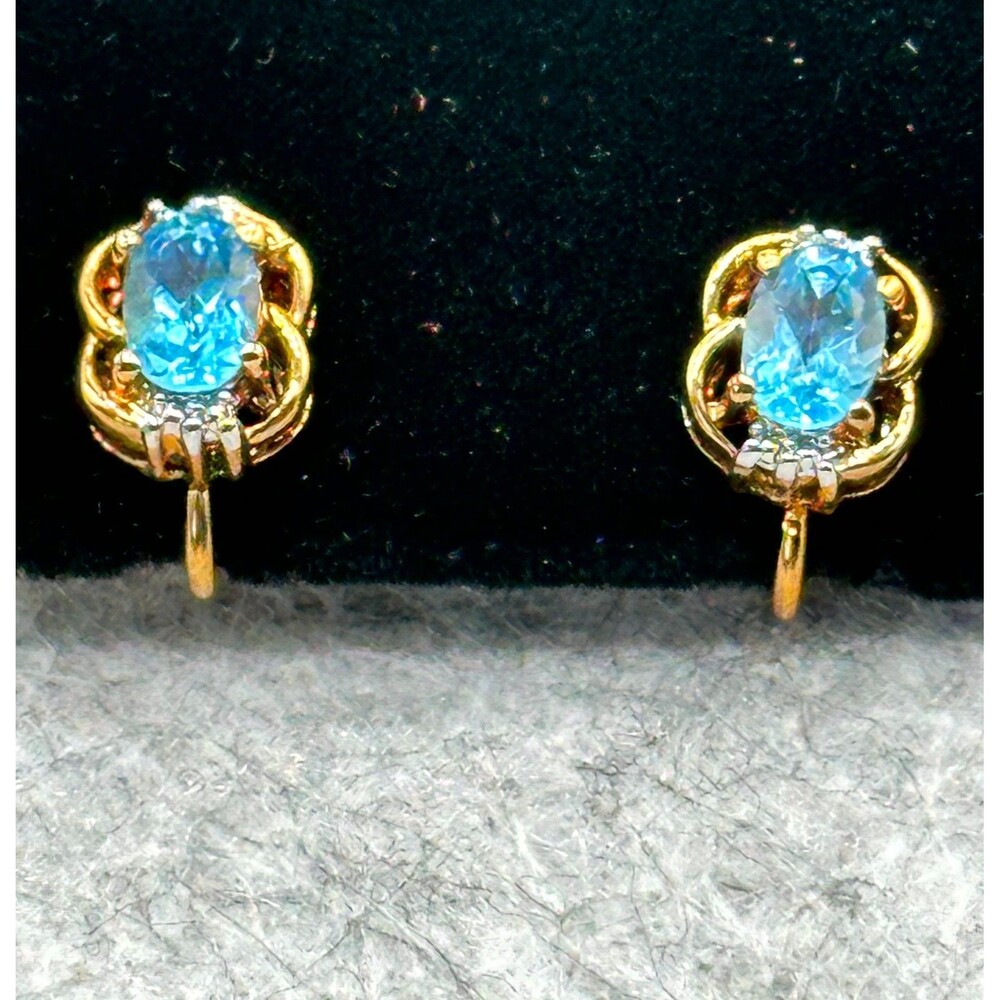 Genuine Blue Topaz Diamond Clip On Earrings 14KT Gold Plated Two Tone Boxed